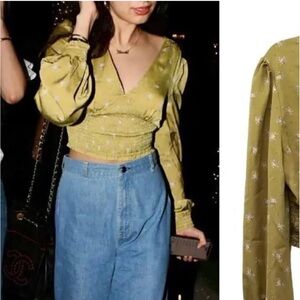 Smocked Sage Green Long Sleeve Floral Blouse Cropped Balloon Sleeve